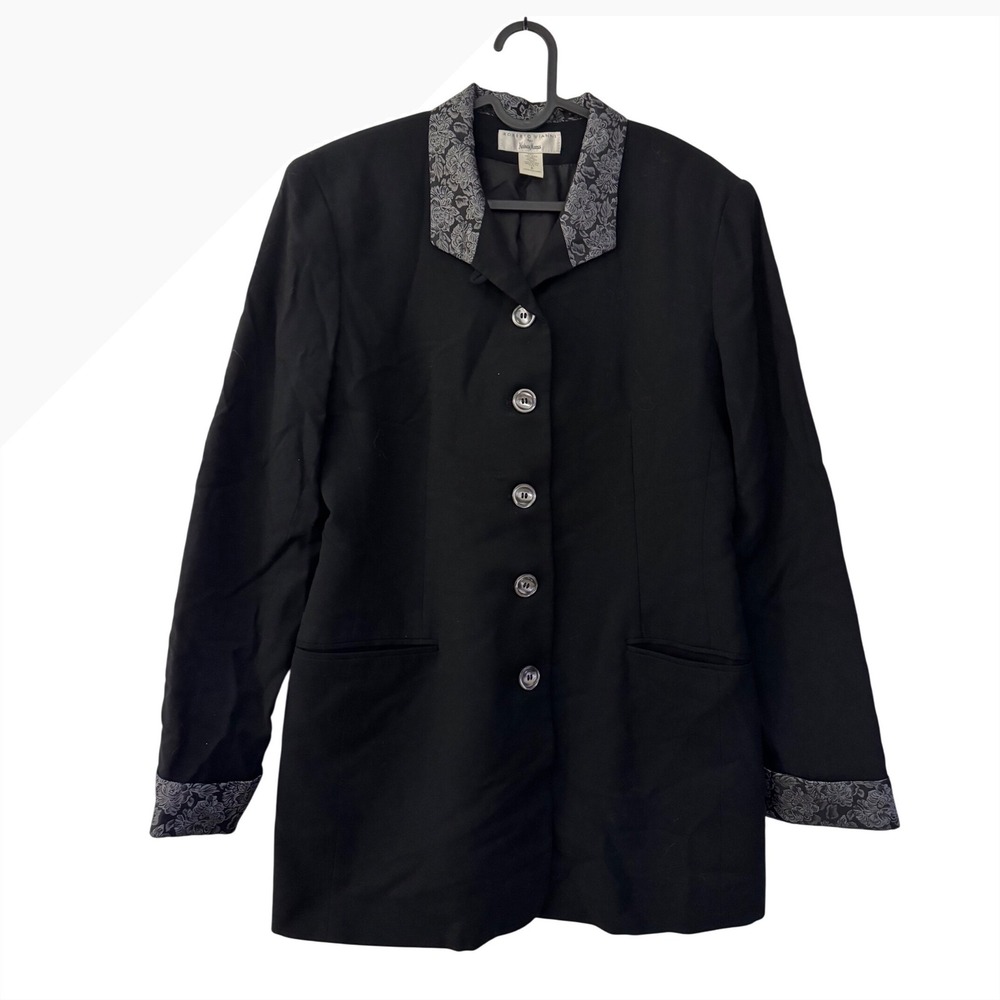 Roberto Vianni Neiman Marcus Wool Silk Blazer Black Floral Brocade Trim Size 8
